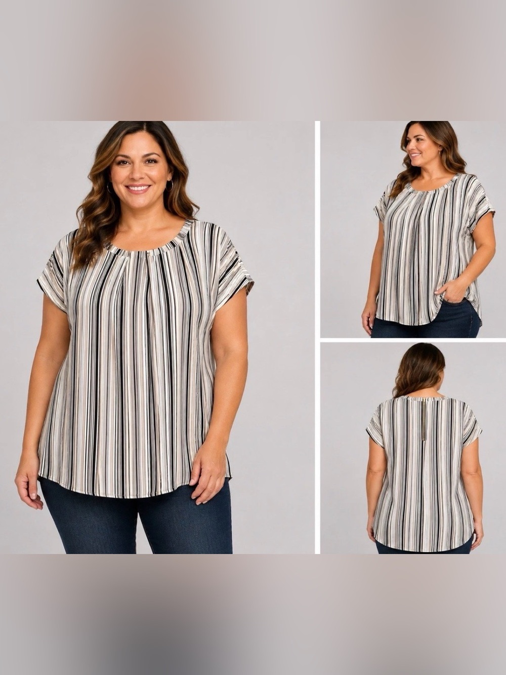 Liz Claiborne Career Womens L Black Beige Stripe Blouse Keyhole Back NWT